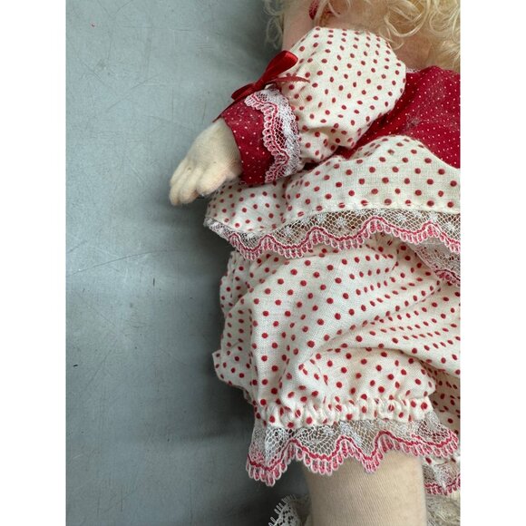 Vintage Handmade Cloth Doll Blonde Curly Hair Polka Dot Dress & Red Shoes READ - Picture 9 of 11